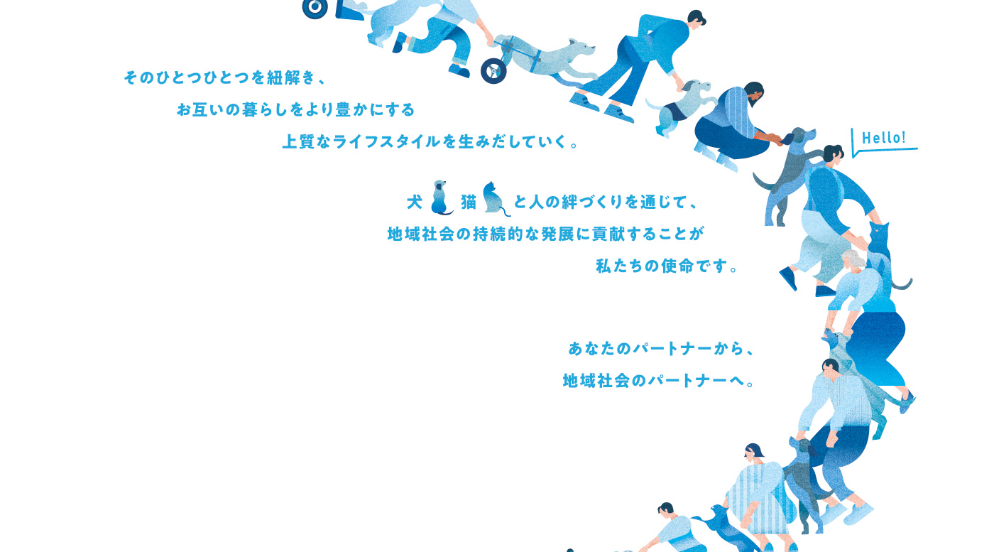 そのひとつひとつを紐解き、お互いの暮らしをより豊かにする上質なライフスタイルを生みだしていく。犬 猫 と人の絆づくりを通じて、地域社会の持続的な発展に貢献することが私たちの使命です。あなたのパートナーから、地域社会のパートナーへ。